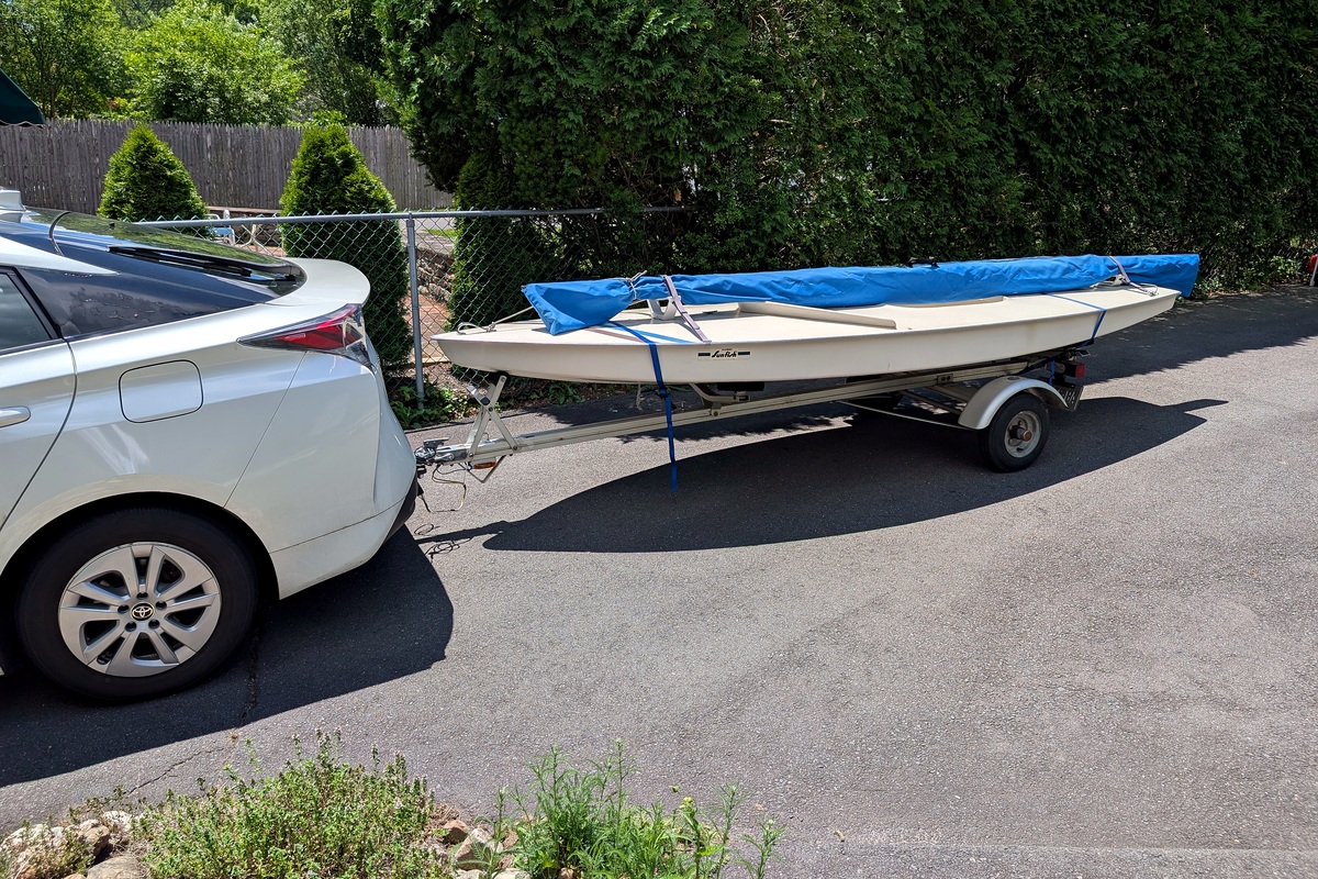MarinerX Spar Mount development setup on a trailered Sunfish